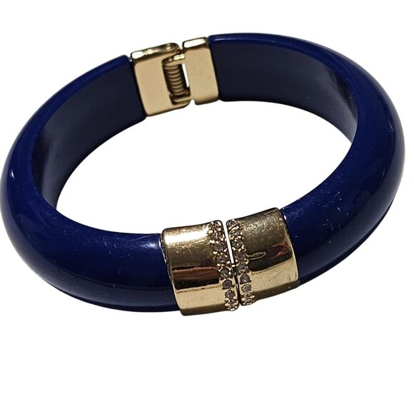 Retro Blue Resin Bangle Bracelet Gold Tone Rhinestone Accent Hinge Cuff Fashion - Picture 1 of 5